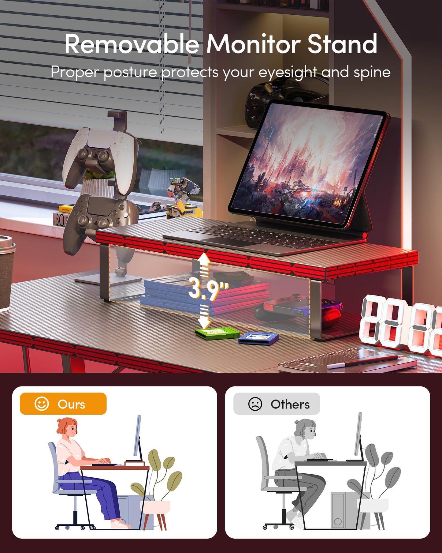 CubiCubi L Shaped Gaming Desk Computer Office Desk with Carbon Fiber Surface, 47 inch Corner Desk with Large Monitor Stand for Home Office Study Writing Workstation, Black Carbon Fiber