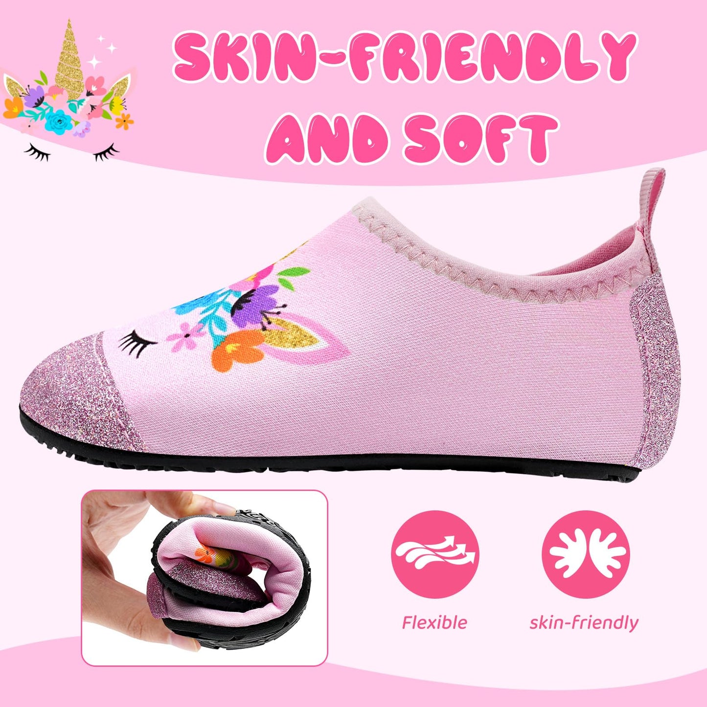 Kids Water Shoes Girls Boys Outdoor Quick Dry Barefoot Aqua Socks for Toddler Sport Beach Swim Surf A-Bling Unicorn 1-2 Big Kid