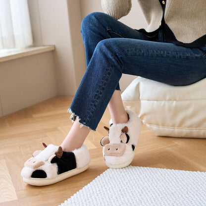Jerzmy Fuzzy Cow Slippers for Women Men, Cute Cotton Animals House Slippers Fluffy Plush Shoes for Girls Indoor Living Room Bedroom Garden, Size 10-11