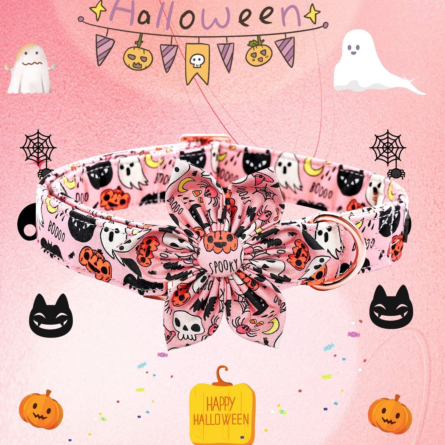 Elegant little tail Dog Collar with Flower, Fall Dog Collar Halloween Pumpkin Flower Collar Dog Girl Pet Collar Dog Collars for Large Dog