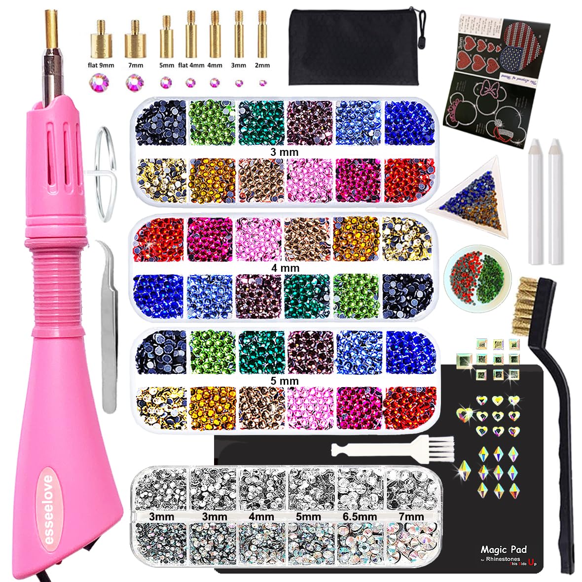 esseelove Hotfix Applicator Tool, DIY Hot Fix Rhinestone Setter, Hot Fixed Kit, 5679 Pcs, AB, Clear, 34/30/20/16/10SS, 12 Colors, Bigger Rhinestones, Gem Picker, Bedazzler Kit with Rhinestones