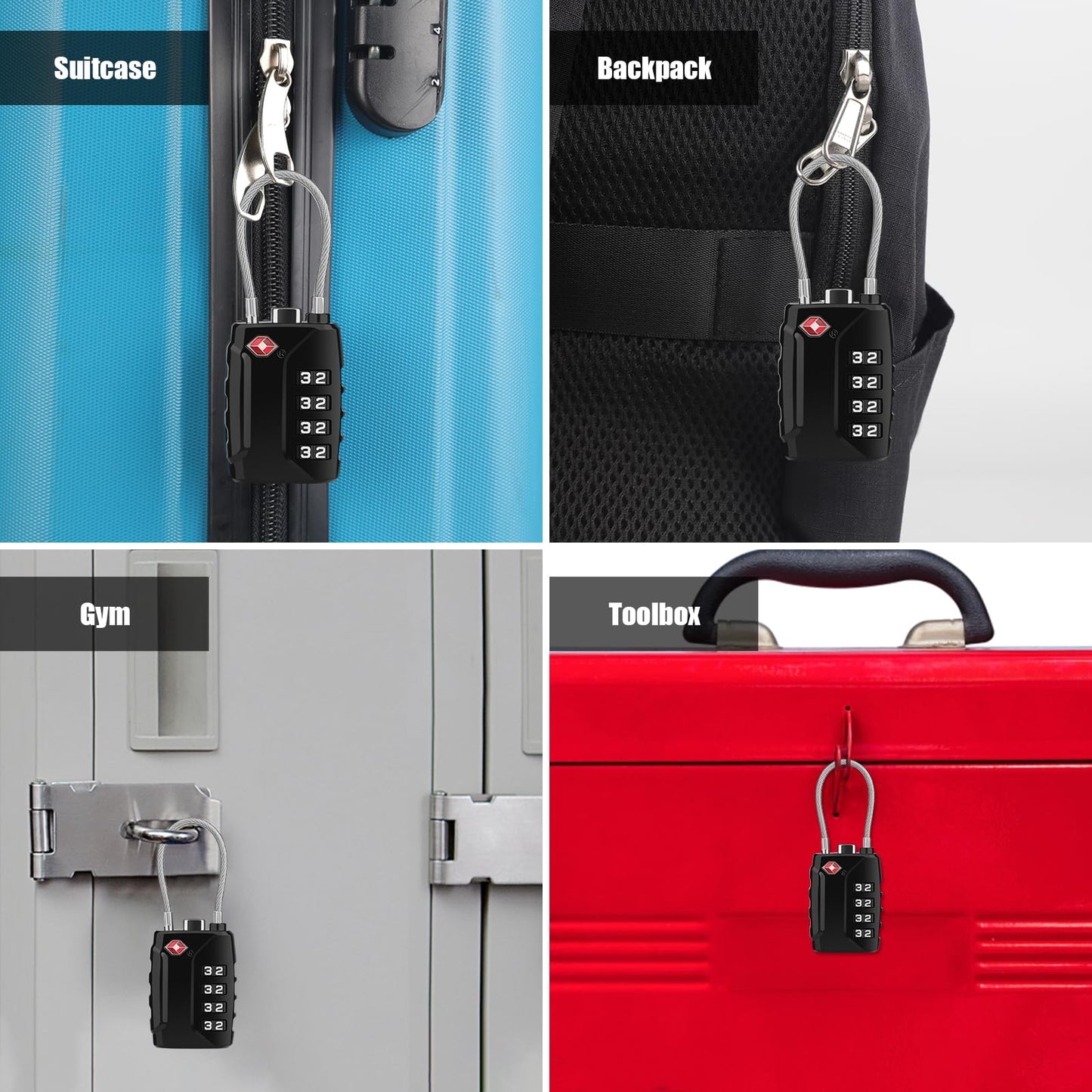 Diyife TSA Luggage Locks, [Upgrade Version][2 Pack] TSA Approved Suitcase Lock 4-Digit Re-settable Combination Lock, Cable Backpack Locks, Code Lock for Travel Suitcase Luggage Bag Lockers (Black)