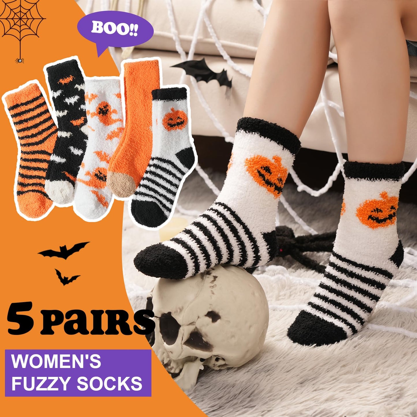floconssy Halloween Fuzzy Socks for Women, Fall Pumpkin Gifts Slippers Socks Funny Fluffy Cozy Freaky Boo Basket Stuffers