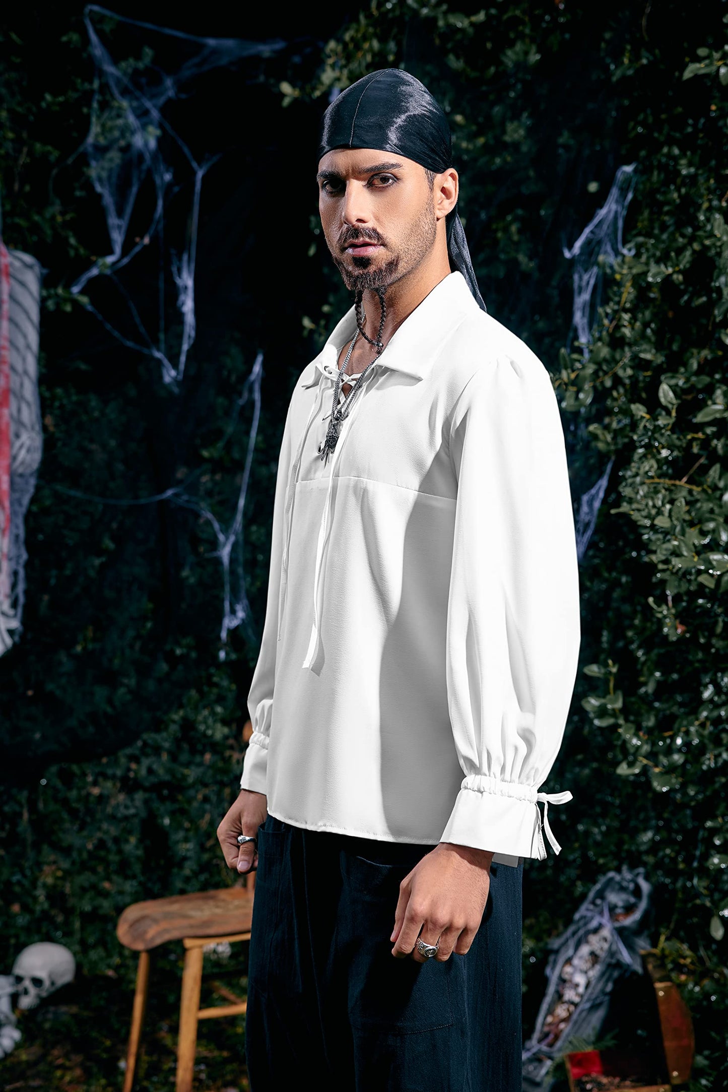 Mens Medieval Pirate Shirt Viking Renaissance Lace up Halloween Mercenary Scottish Jacobite Ghillie Tops (Small, 01 White)