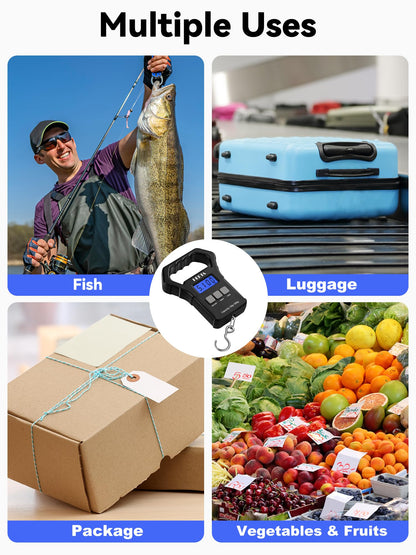 HEETA Fish Scale, 110lb/50kg Digital Portable Hanging Fishing Weight Scale with Backlit LCD Display, Luggage Scale with Non-Slip Large ABS Handle & 2 AAA Batteries, Fishing Gifts Gear for Men, Black