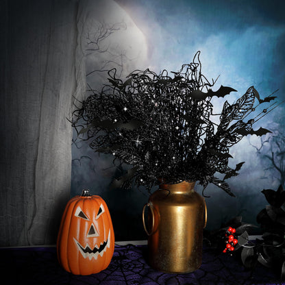 24 Pcs Artificial Halloween Branches Picks Ornaments with 12 Pcs Bats- Fake Black Berry & Flowers Stems Curly Willow Branches- Faux Glitter Black Floral Twig Stems Sticks for Halloween Xmas Home Decor