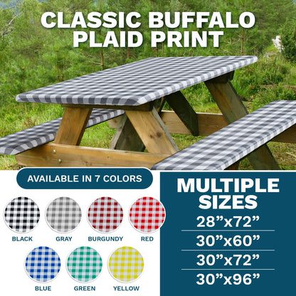 Sorfey Picnic Table Cover with Bench Covers -Fitted with Elastic, Vinyl with Flannel Back, Fits for Table 28"x 72" Rectangle,Water Proof, Checked Red Design