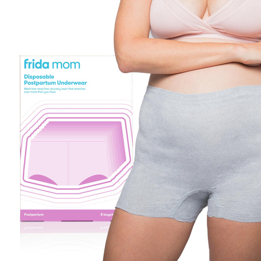 Frida Mom Women's Postpartum Underwear, Disposable Boyshort Underwear, Seamless with Stretchy Support, Postpartum Essentials, Size Regular (Waist 28"-42" Stretched), 8 Count, Grey