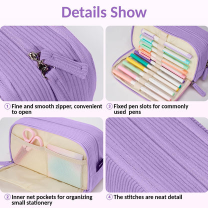 Sooez Big Capacity Pencil Case Pen Pouch, Soft Corduroy Pencil Bag with 3 Compartment, Multiple Pockets, Sturdy Zipper, Cute School Supplies Pen Bag Organizer For Teen Girls College, Beige