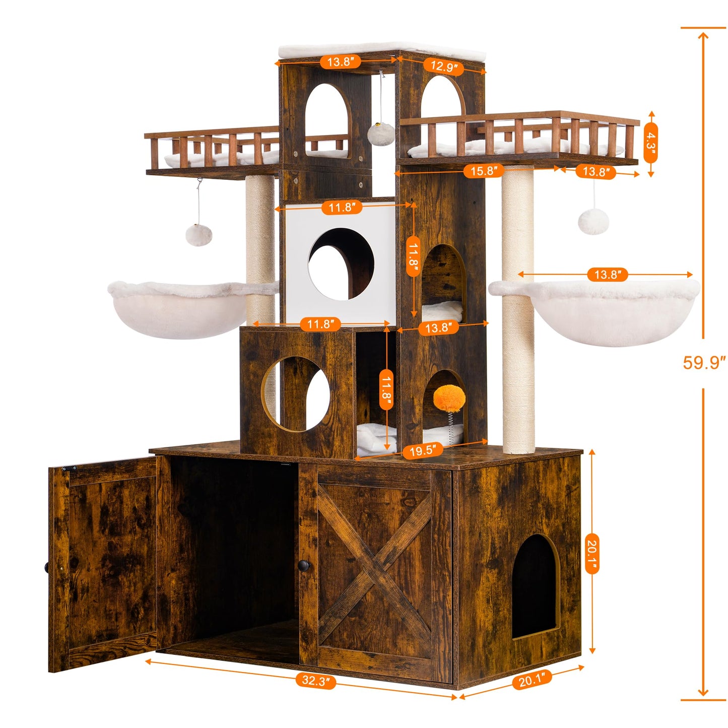 Heybly Cat Tree with Litter Box Enclosure for Indoor Big Cat, Cat Tower for Large Cats 20lbs Heavy Duty, Modern Cat Condo Furniture with Scratching Posts, Rustic Brown HCT110SR