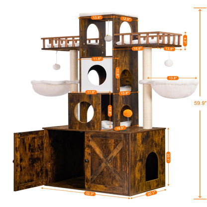 Heybly Cat Tree with Litter Box Enclosure for Indoor Big Cat, Cat Tower for Large Cats 20lbs Heavy Duty, Modern Cat Condo Furniture with Scratching Posts, Rustic Brown HCT110SR