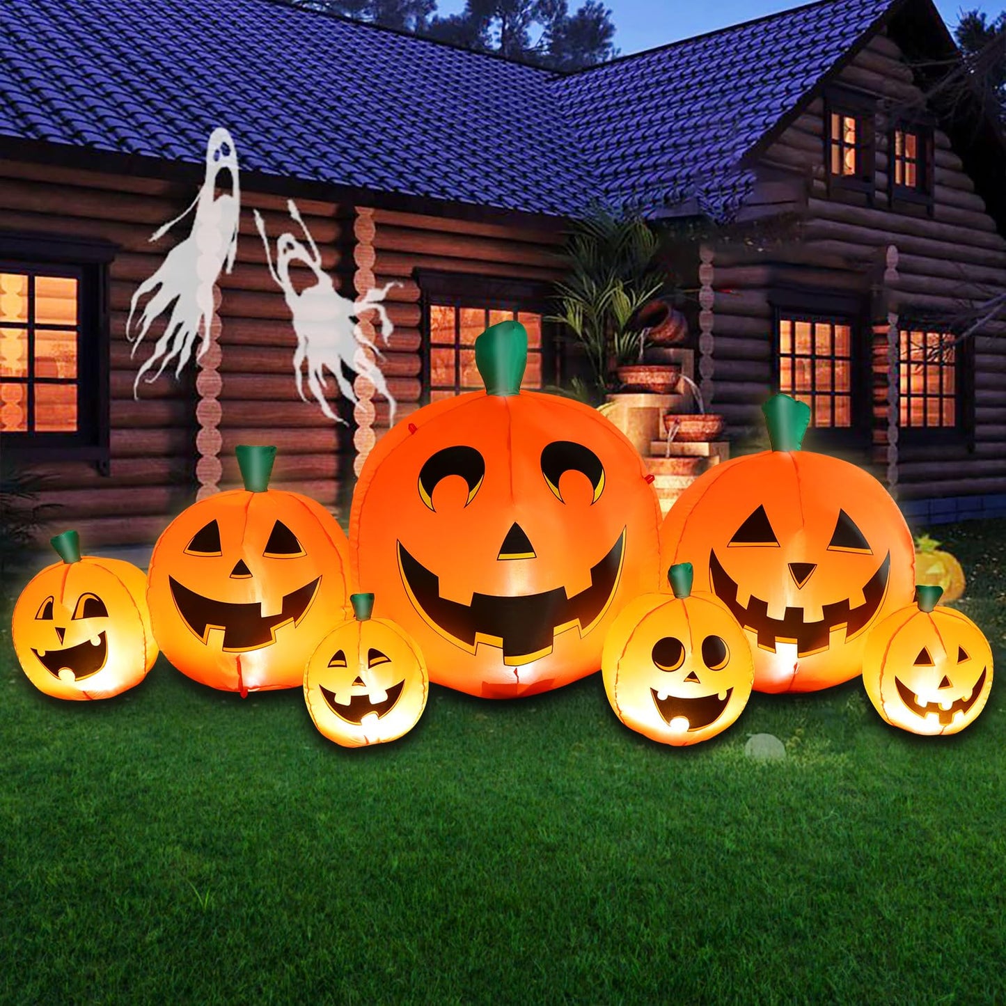 Halloween Inflatable Pumpkin Outdoor Decoration, 8.5FT Long Inflatable Pumpkin Lanterns with Build-in LED Lights, Blow Up 7 PCS Pumpkins Patch for Halloween Party Indoor Garden Lawn Yard Decor