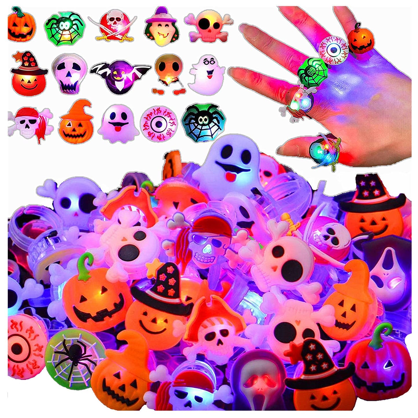 Halloween Light Up Rings 50Pcs Halloween Party Favors for kid Light Up Treat Glowing LED Ring for Kids Adults