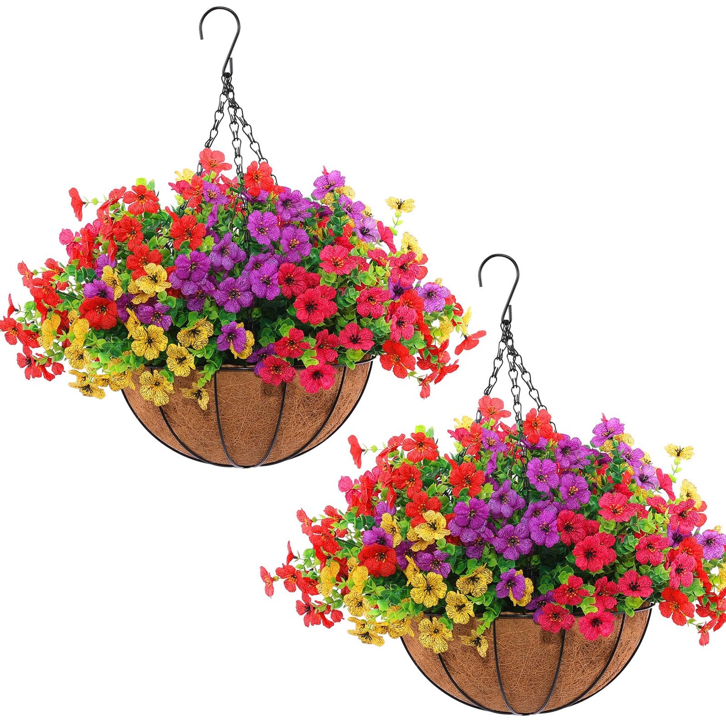 Hananona 2 Set Artificial Outdoor Flowers with Hanging Basket, 2 Hanging Planters with 24 Pcs Flowers for Spring Summer Front Porch Garden Patio Home Decor (2, Red, Purple, Yellow, Rose Red)