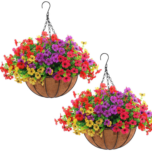 Hananona 2 Set Artificial Outdoor Flowers with Hanging Basket, 2 Hanging Planters with 24 Pcs Flowers for Spring Summer Front Porch Garden Patio Home Decor (2, Red, Purple, Yellow, Rose Red)