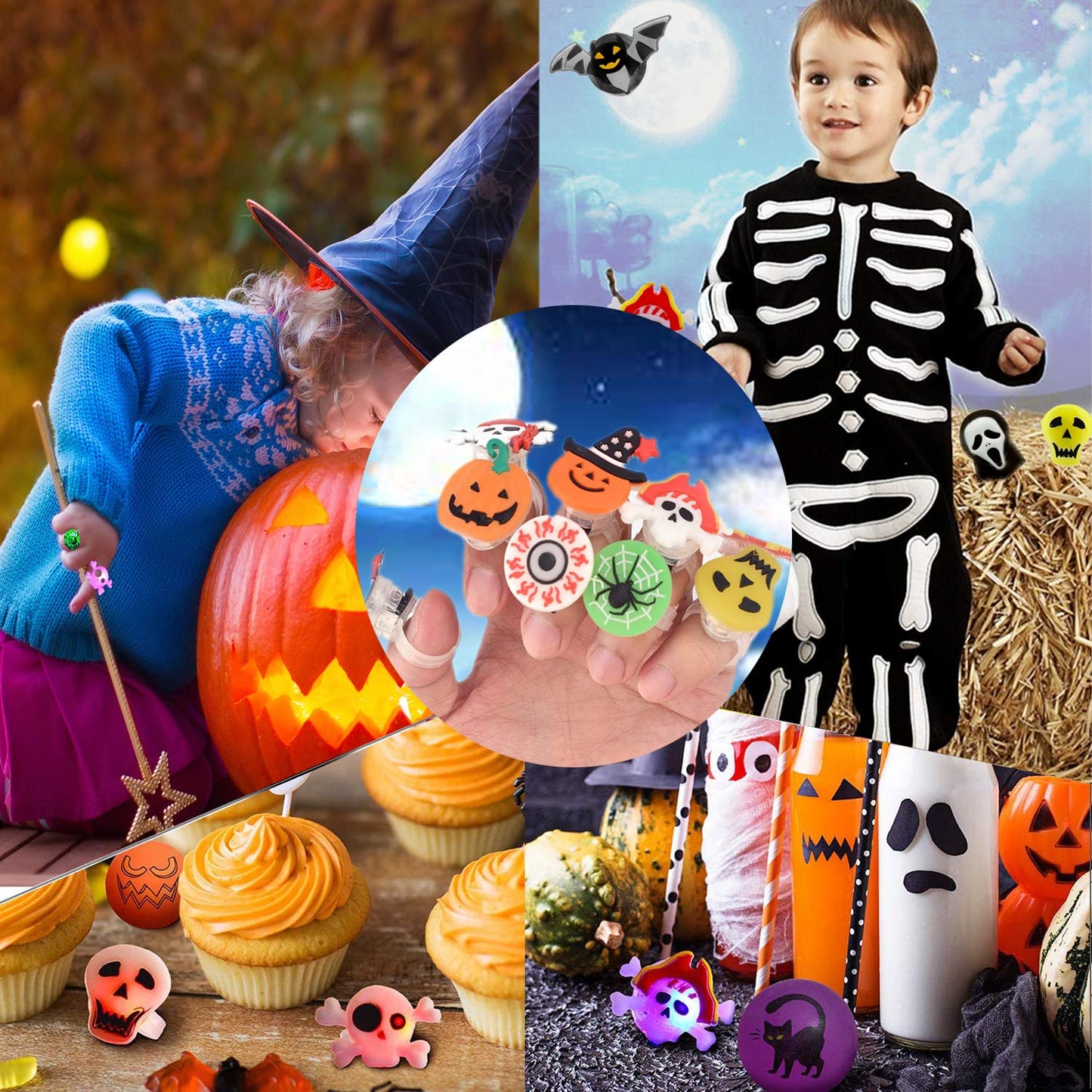 54PC Halloween Light Up Ring Halloween Party Favors LED Glow Ring for Kids Non Candy Gift (12 Styles Flashing Rings)