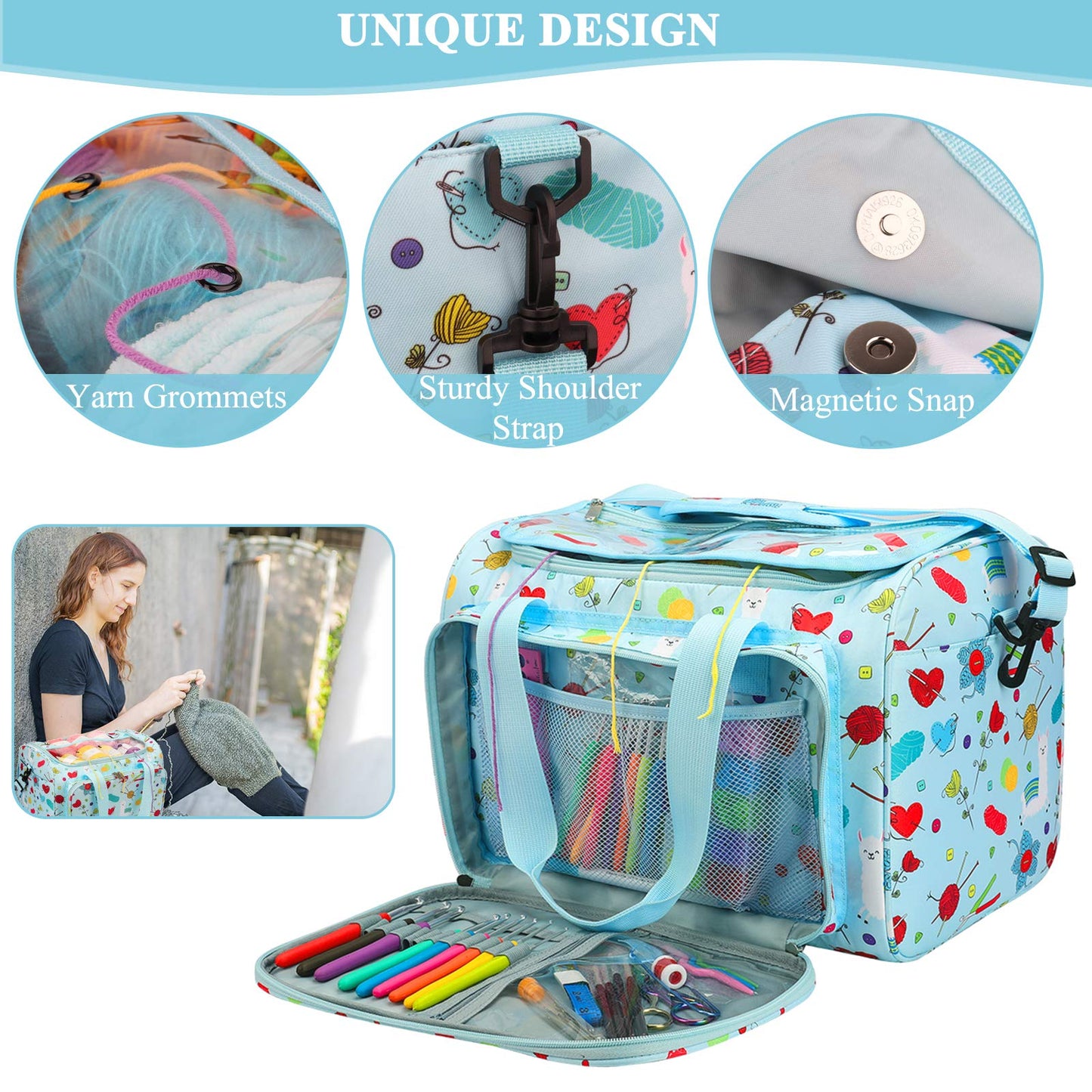 Coopay Yarn Storage Knitting Bag, Large Capacity Yarn Bag for Yarn and Knitting & Crochet Supplies, Detachable Shoulder Strap Portable Knitting Tote Bag Crochet Bag, Best Gifts for Crochet Lovers