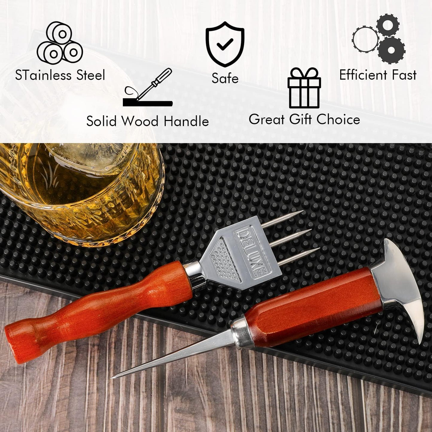 Ice Pick set of 2-7.24 Inch and 6.8Inch Stainless Steel Ice Crusher with Wood Handle, Japanese Style Ice Chipper Ideal for Bars and Home