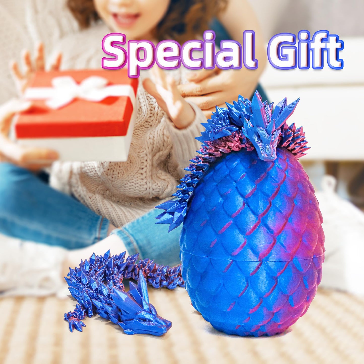 Flavery Dragon Egg - 3D Printed Egg with Flexible Dragon Inside, 3D Printed Gift, Articulated Dragon Egg Fidget Toy, Easter Egg,Figurine Decor (12” Dragon)