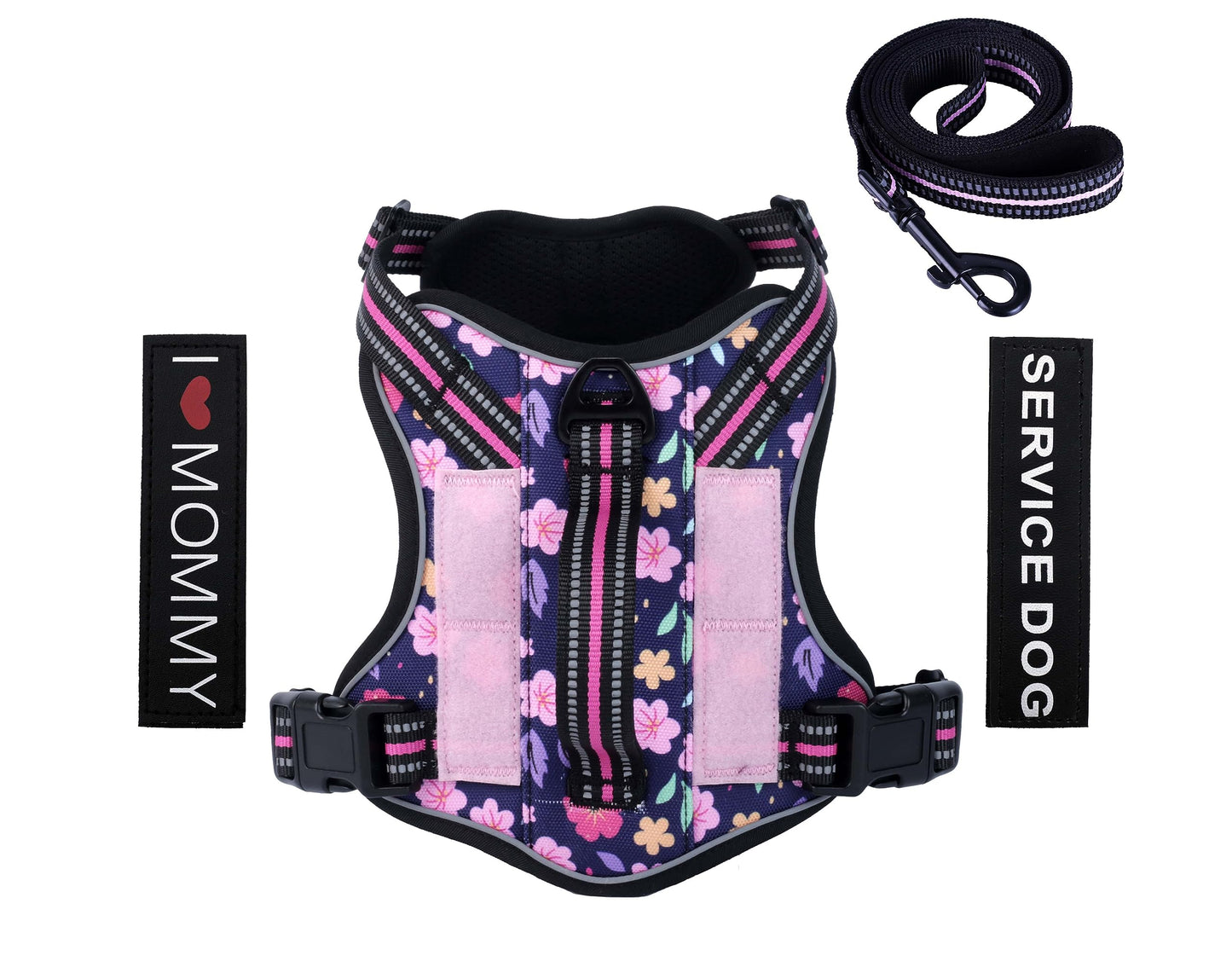 Foxyep Tactical Dog Harness,Working Dog MOLLE Vest with Handle for Medium Dogs No Pull Adjustable Pet Harness Reflective Strapwith Dog Leash Set(M,Blue Floral)