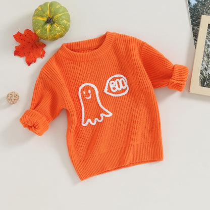 Kuriozud Toddler Baby Boy Girl Halloween Outfit Knit Ghost Boo Pullover Sweater Crewneck Sweatshirt Soft Warm Fall Winter Clothes (Ghost Orange,5-6 Years)