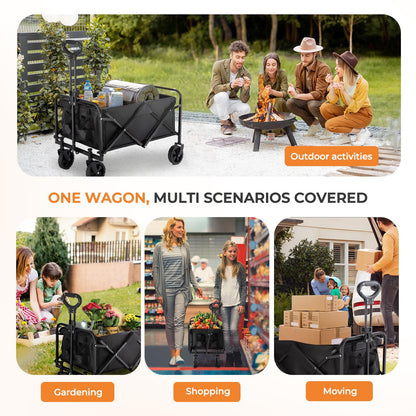 Collapsible Wagon 220 lbs, Heavy Duty Wagon Carts Foldable, Portable Wagons for Groceries, Beach Cart with All-Terrain Wheels & Drink Holders, Utility Wagon for Shopping, Sports, Camping, Black