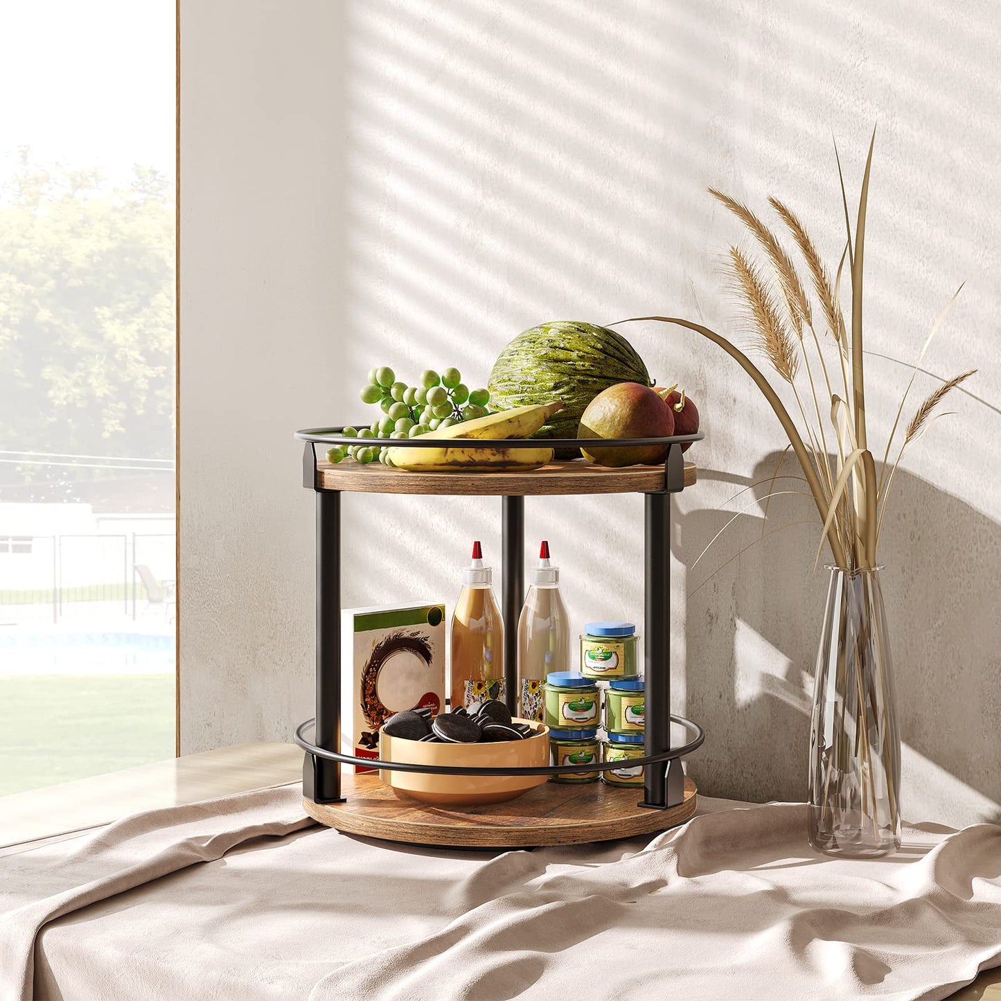 3-Tier Lazy Susan Organizer, Rotating Spice Rack, Spinning Organizer, Industrial Turntable Spice Rack Organizer for Cabinet, Kitchen Countertop, Pantry, Rustic Brown and Black SR23BR