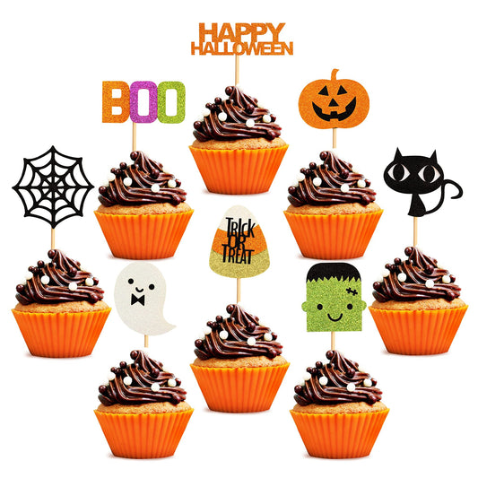 32 pcs Halloween Ghost Boo Glitter Cupcake Toppers Ghost Boo 32 Pack Cupcake Topper muffin for Halloween, Birthday Decoration Party Supply(Frankenstein）