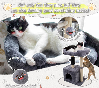 Hapineko 26.8" Small Cat Tree Tower,Cat Scratching Post for Indoor Cats,Featuring with Cat Cave & Cozy Perch,Cat Self Groomer and Interactive Dangling Ball Great for Kittens/Cats (Smoky Gray, Medium)