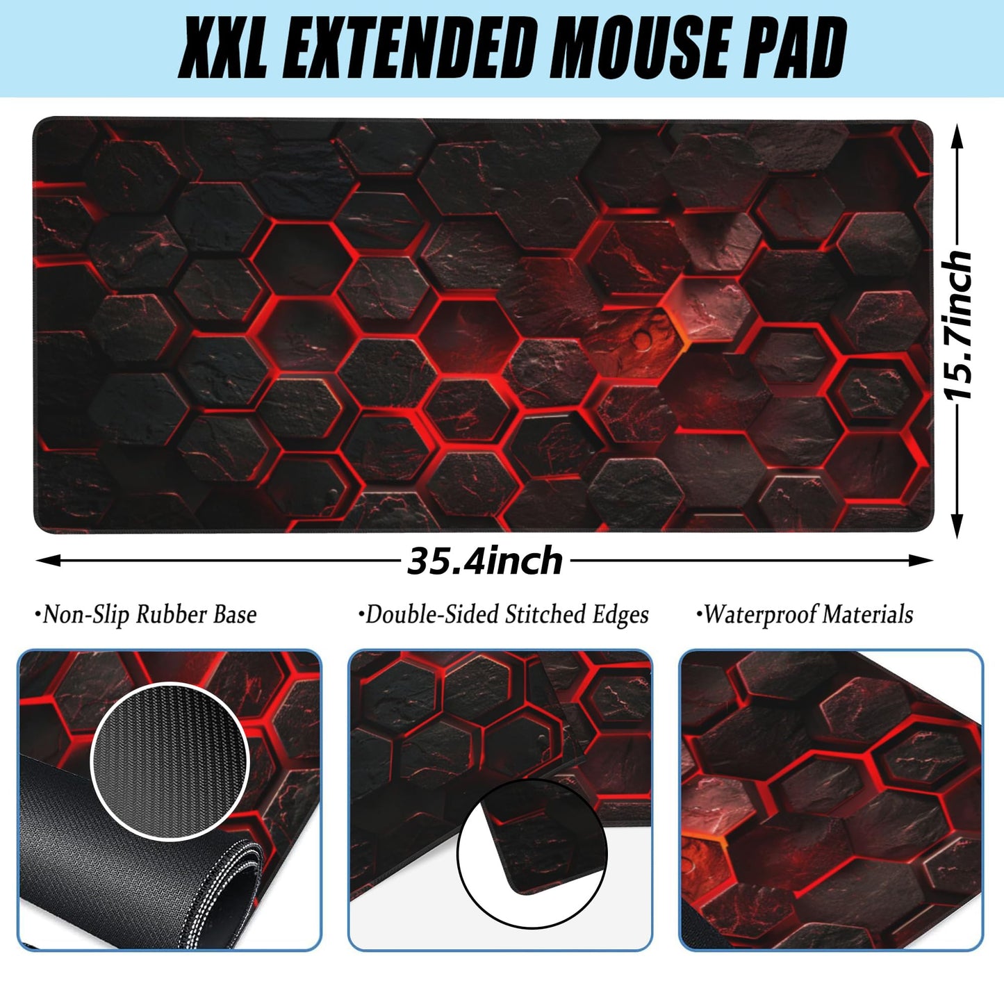 Large Gaming Mouse Pad for Desk,Red Honeycomb Science Technology Desk Mat,Honeycomb Hexagon Desk Pad,Extended Big Computer Keyboard Mouse Pad with Non-Slip Base Stitched Edges 35.4"x15.7"