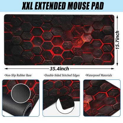 Large Gaming Mouse Pad for Desk,Red Honeycomb Science Technology Desk Mat,Honeycomb Hexagon Desk Pad,Extended Big Computer Keyboard Mouse Pad with Non-Slip Base Stitched Edges 35.4"x15.7"
