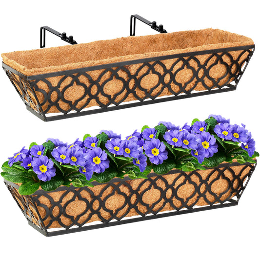 LAWYAMAI 2pcs 24 Inch Window Deck with Coco Liner, 24" Window Boxes Horse Trough with Coconut Coir Liner, Metal Hanging Flower Planter Window Basket Deck Railing Planter Boxes for Outdoor Indoor Lawn