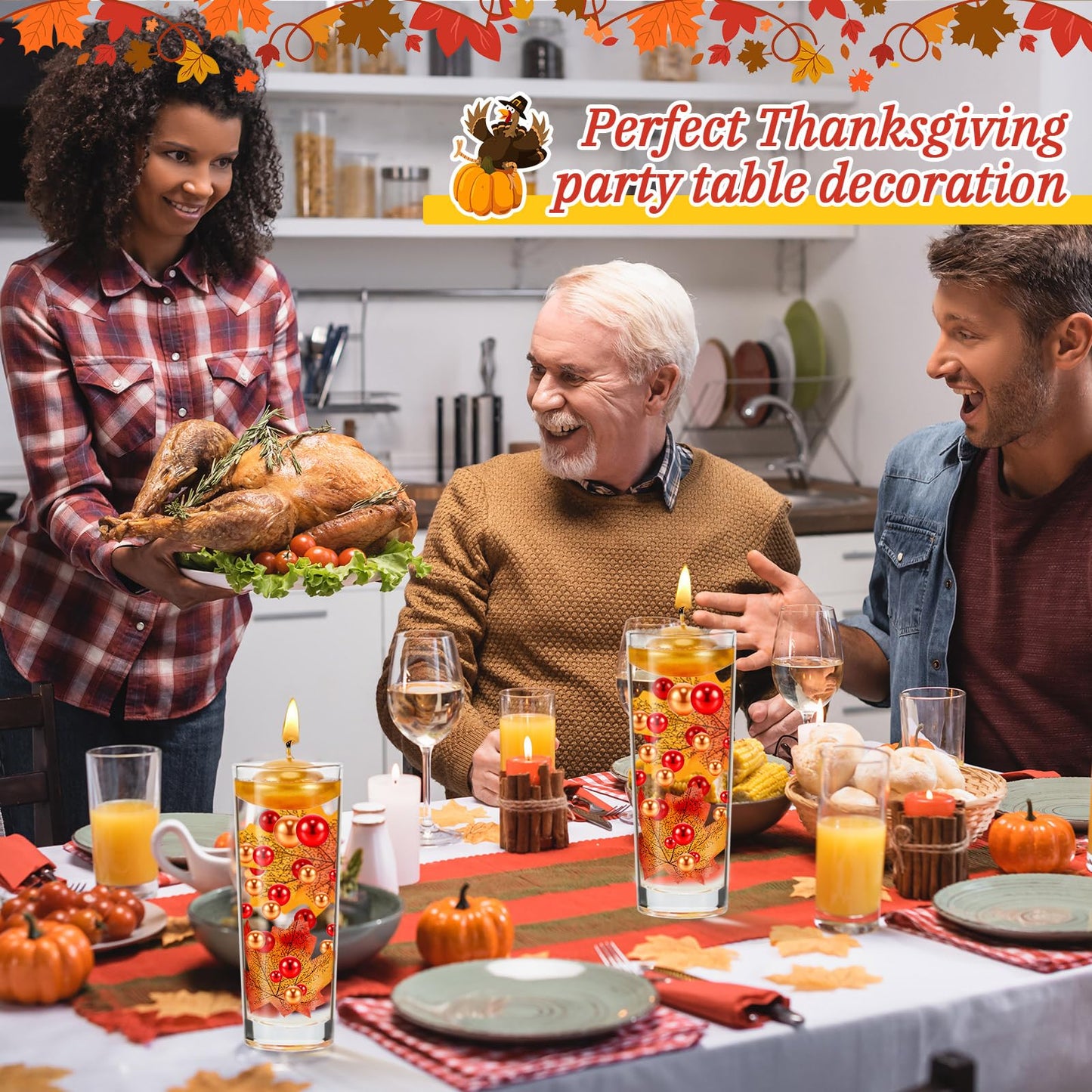 Jetec 116 Pcs Thanksgiving Vase Fillers Faux Pearl for Vase Filler Floating Candle Centerpieces Fall Pearl for Thanksgiving Home Table Party Decoration, Not Included Clear Beads(Maple Leaves Style)