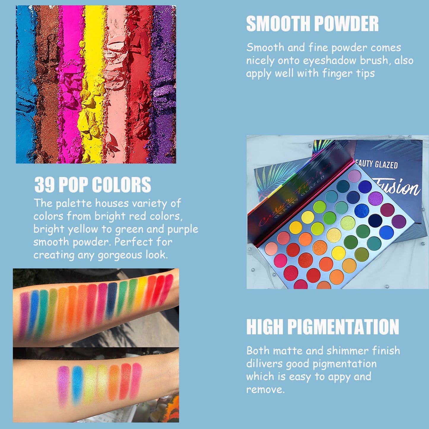 Color Fusion Eyeshadow Palette Highly Pigmented 39 Shades Pink Purple Matte and Shimmers Makeup Palette, Blendable Waterproof Eye Shadow, No Flaking, Little Fall Out, Stay Long, Hard Smudge, Cruelty- Free Makeup Pallet, Full Face Eye Make Up for Beginners