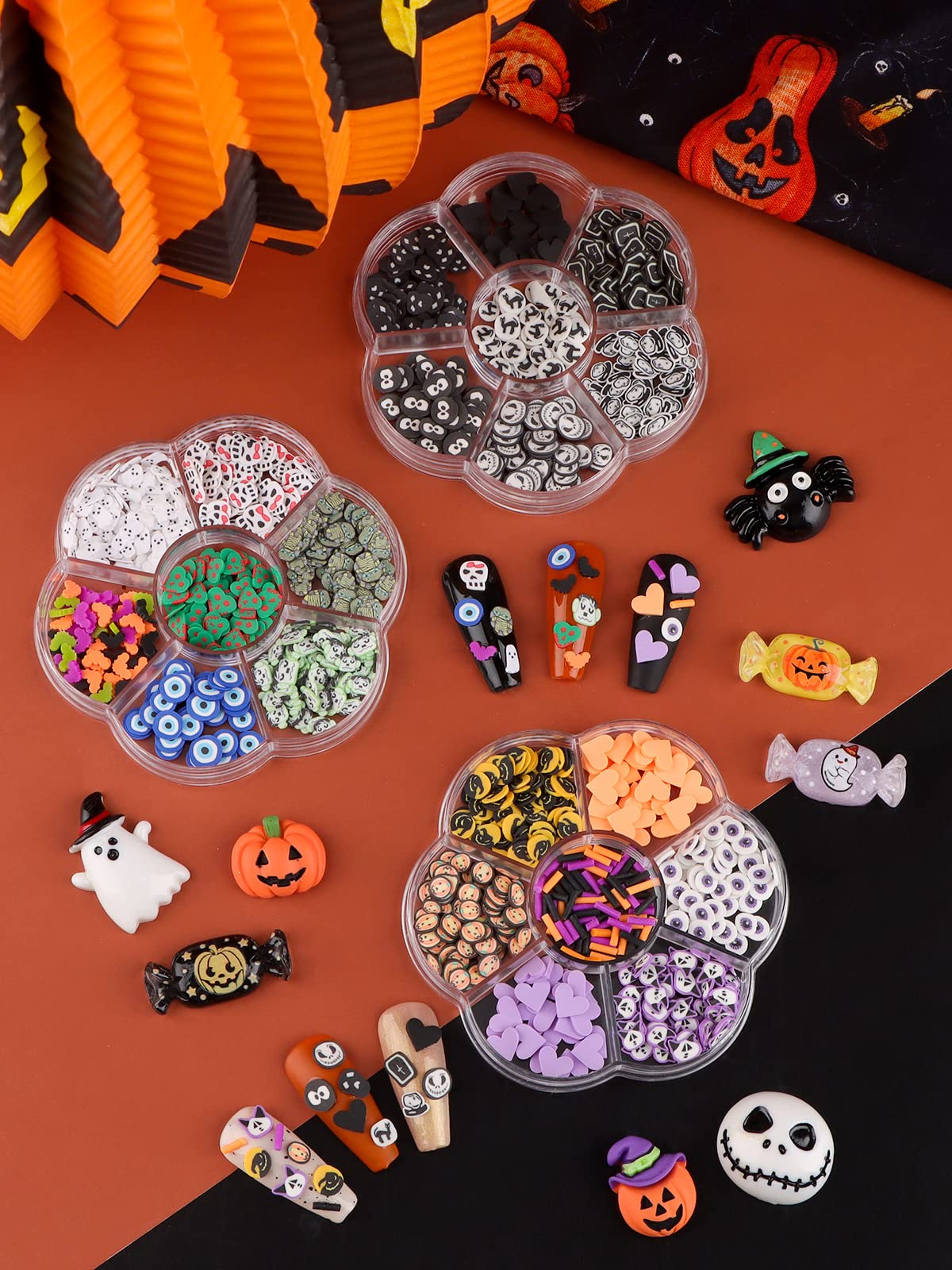 Halloween Nail Art Sequins, Kalolary 3D Skull Spider Pumpkin Bat Ghost Witch Shape Polymer Clay Slices for Acrylic Nails Design Halloween Party Decor（3 Boxes）