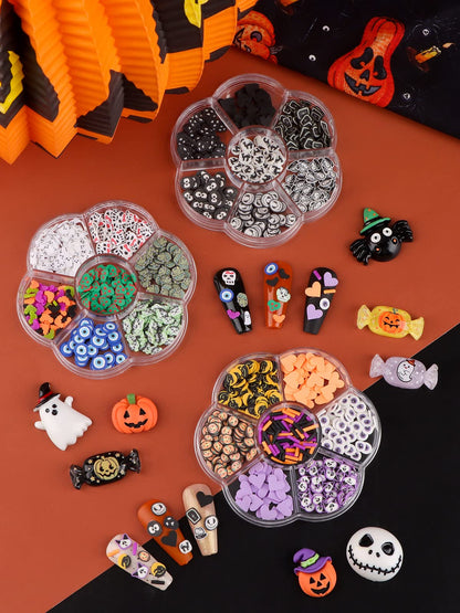 Halloween Nail Art Sequins, Kalolary 3D Skull Spider Pumpkin Bat Ghost Witch Shape Polymer Clay Slices for Acrylic Nails Design Halloween Party Decor（3 Boxes）