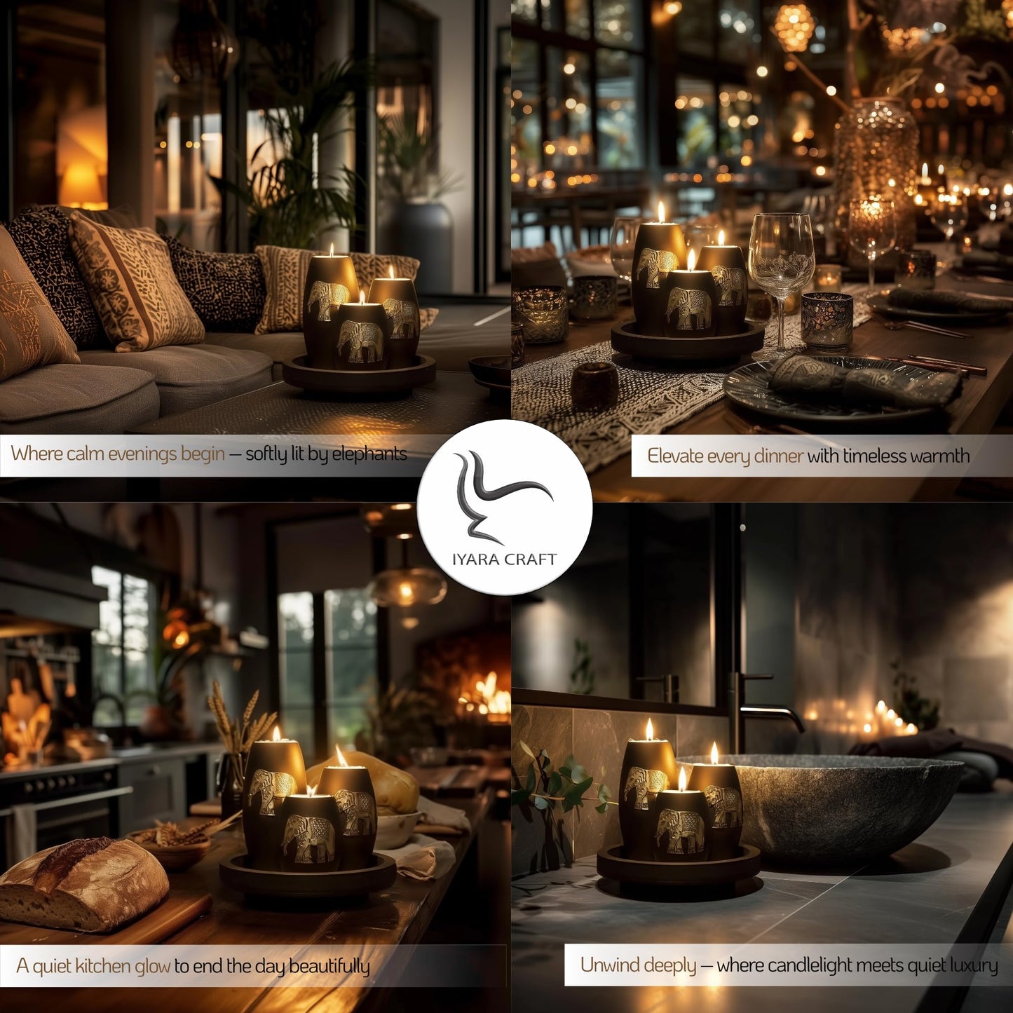 IYARA CRAFT Elephant Tealight Candle Holder Set – 3 Handmade Wood Holders with Tray – Elegant Home Decor & Thoughtful Gift for Mother’s Day, Birthday, Housewarming