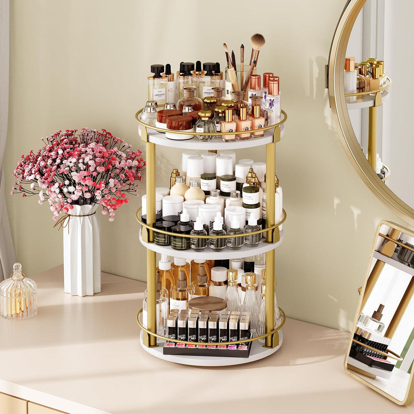 3-Tier Lazy Susan Organizer, Rotating Spice Rack, Spinning Organizer, Industrial Turntable Spice Rack Organizer for Cabinet, Kitchen Countertop, Pantry, Rustic Brown and Black SR23BR