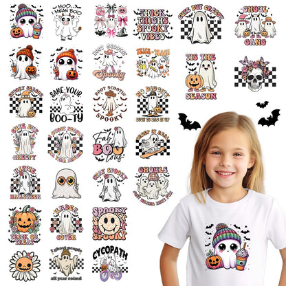 Kaciola 30 Sheets Ghost Iron on Transfers, Halloween DTF Transfers Ready to Press Washable Stickers Iron on Decals for T Shirts Hoodie DIY Crafts