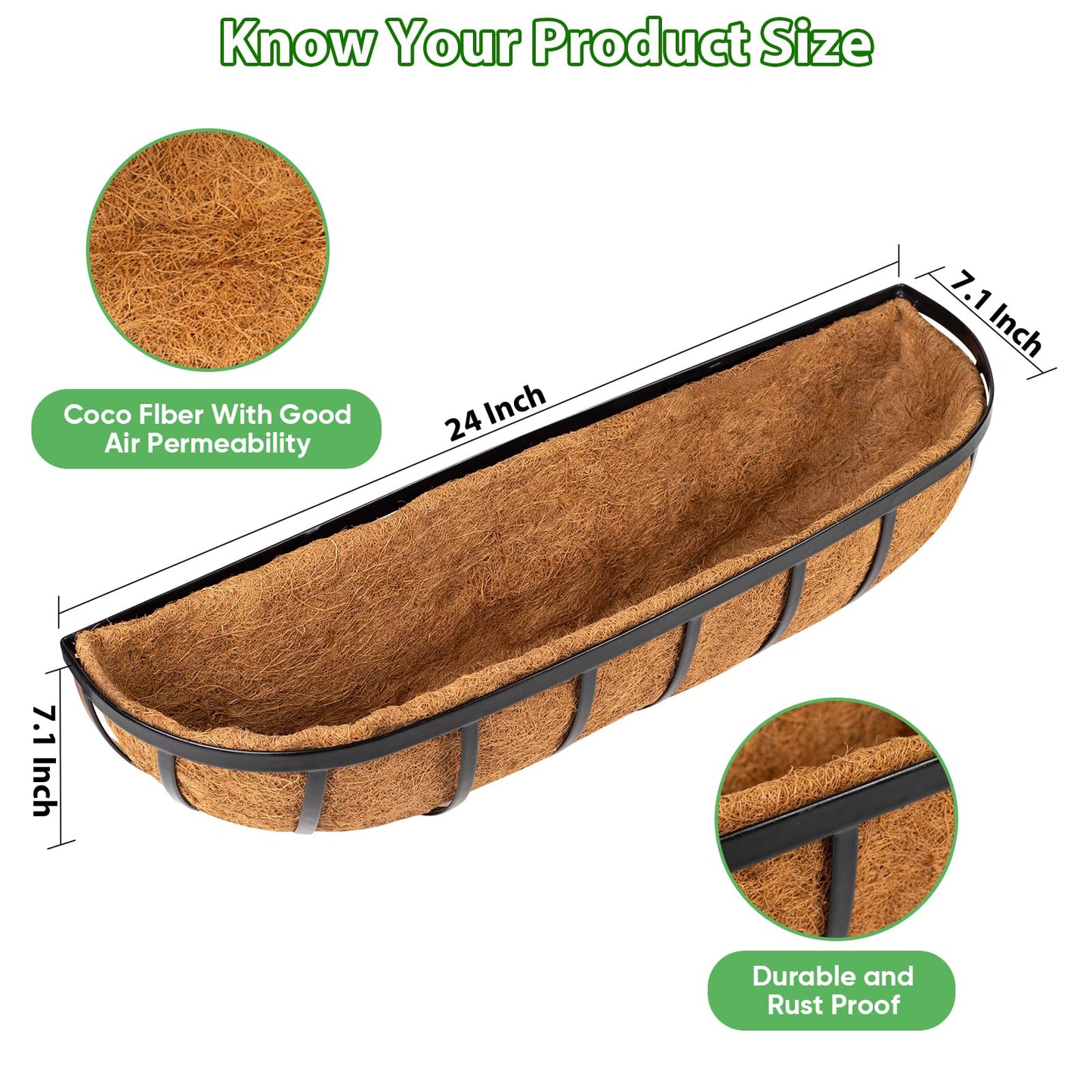 LCHUANG Railing Planter Window Box - 4 Pack 24 Inch Deck Balcony Rail Planter with Coconut Coir Liner, Fence Metal Hanging Flower Basket Deck Railing Planter Boxes for Outdoor Garden