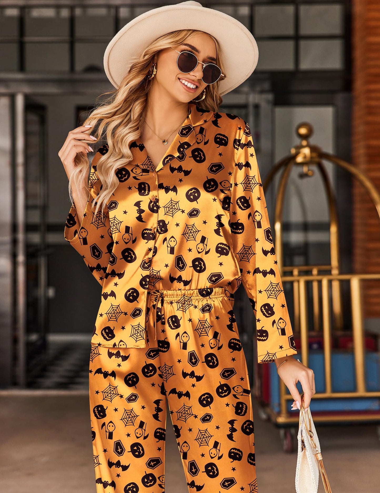 Ekouaer Silk Satin Pajamas Set Womens Long Sleepwear Button Down 2 Piece Classic Soft Loungewear Pjs Set (Halloween, Large)