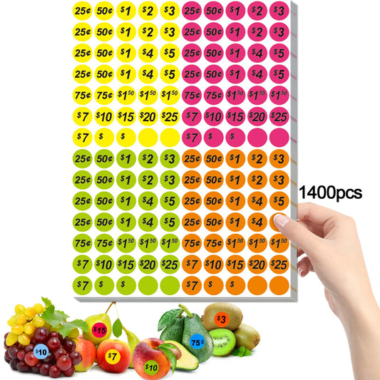 Garage Sale Price Stickers, 1400 PCS 3/4 Inch Price Stickers for Yard Sales, Flea Markets, County Fairs & Retail Use, Pricemarker Labels, 4 Colours Round Price Tags