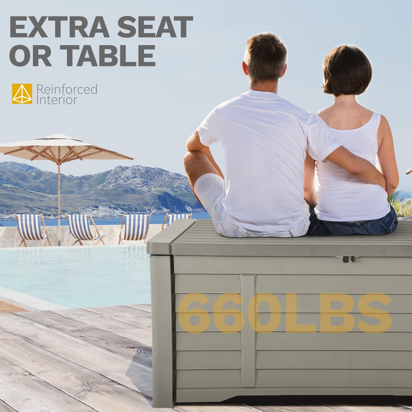 DWVO 120 Gallon Outdoor Storage Box, Large Resin Deck Box with Louver Design, Lockable Patio Storage Bin for Indoor and Outdoor Use, Pillows, Tools, and Pool Supplies -Light Brown