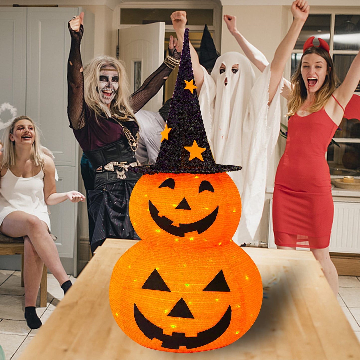 FUNPENY 3FT Halloween Collapsible Pumpkin Decorations, Pre-Lit Light Up 50 LED Pumpkin with Star Hat 8 Lighted Mode, Pop Up Jack-o-Lantern with Metal Stand for Indoor Outdoor Yard Holiday Decor