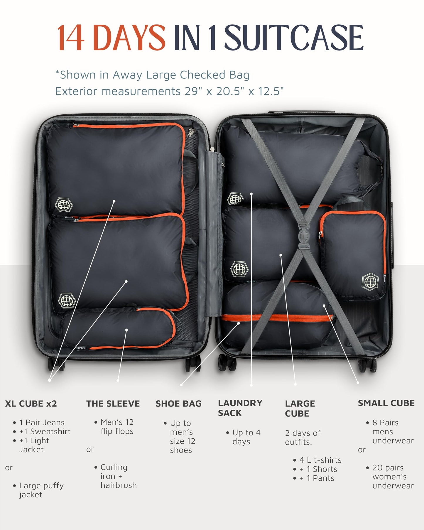 Large Compression Packing Cubes for Travel-Packing Cube Luggage Organizers 7 Piece Set for Checked Luggage-Ultralight, Expandable/Compression Bags by TRIPPED Travel Gear (Grey/Orange)