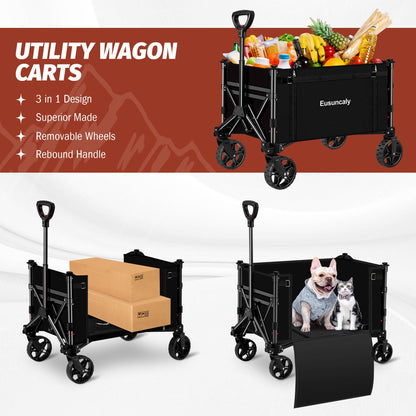 Eusuncaly Collapsible Wagon with Wheels, Wagons Carts Foldable, Heavy Duty Folding Utility Cart for Grocery, Camping, Shopping, Sports, Garden, Fishing, Black
