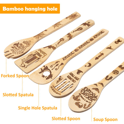 Eartim Hocus Pocus Wooden Cooking Utensil Set - 5Pcs Halloween Kitchen Cooking Gadget Natural Carve Bamboo Spoon Slotted Spatula Non-Stick Cookware Utensil Birthday Housewarming Gift Halloween Supply