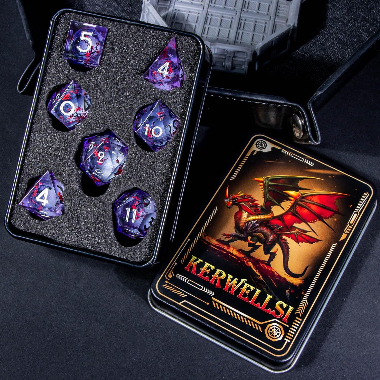 KERWELLSI Liquid Core Flower DND Dice Set with Box, 7Pcs Resin Plum Blossom Resin Sharp Edge Polyhedral Dice, Purple Role Playing Dice D20 D12 D10 D8 D6 D4