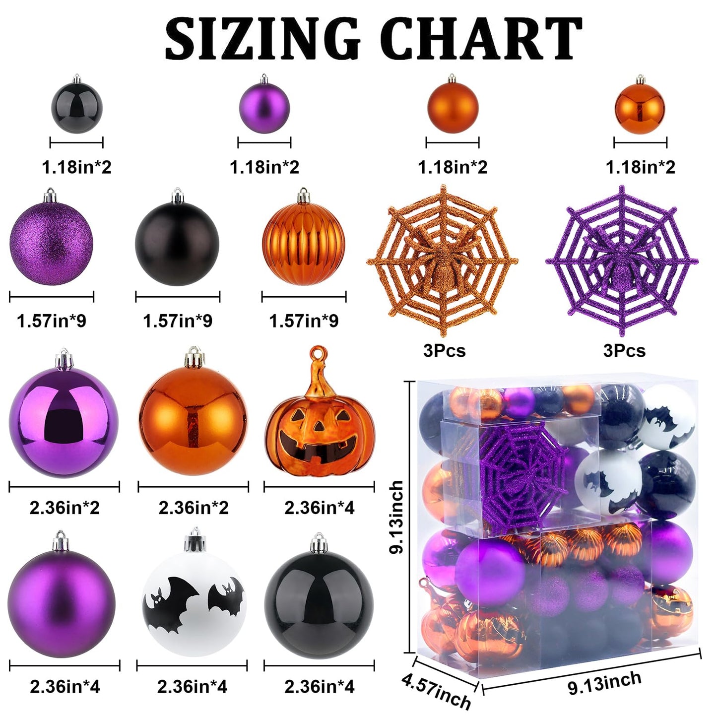 Halloween Ornaments Tree Decorations, 61 Pack Shatterproof Halloween Hanging Ball Ornaments Set with Loop for Party Holiday Indoor Home Decor