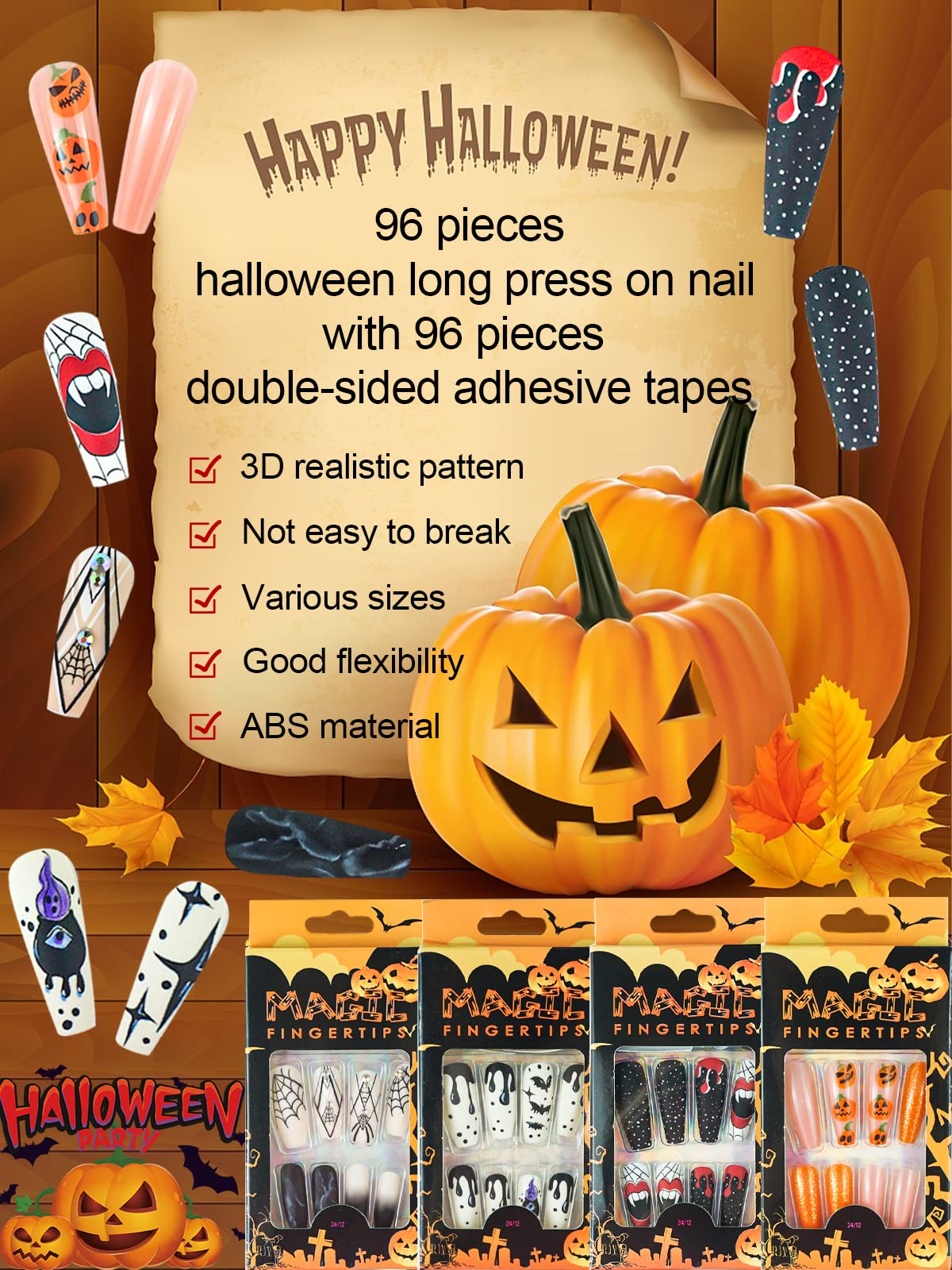 96 Pcs Halloween Press on Nails, Wsimily Halloween Long Coffin Acrylic Artificial False Nails Fake Nail with 96 Pcs Nail Adhesive Tabs, Pumpkin Spider Bat Design for Women Girl Nail Art Decoration